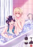  1boy 1girl aqua_hair bath bathing bathroom bathtub blonde_hair blue_hair breasts chest_tattoo completely_nude genshin_impact gift_art gradient_hair green_eyes highres long_hair lumine_(genshin_impact) multicolored_hair nipples nude one_eye_closed open_mouth overtuer second-party_source shampoo_bottle tattoo venti_(genshin_impact) water yellow_eyes 