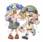  1boy 1girl black_shorts commentary eyebrow_cut full_body goggles goggles_on_head green_hair green_necktie green_trim grey_eyes grey_hair head_wreath holding_hands inkling inkling_girl medium_hair miko_(15476997) necktie octoling octoling_boy one_eye_closed pink_necktie pointy_ears sailor_collar sailor_shirt shirt short_shorts shorts simple_background socks splatoon_(series) splatoon_3 standing standing_on_one_leg star_(symbol) striped_necktie tentacle_hair thick_eyebrows watermark white_background yellow_eyes 