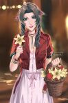  1girl aerith_gainsborough artist_name bangle basket blurry blurry_background bracelet breasts brown_hair choker cleavage cowboy_shot cropped_jacket dress final_fantasy final_fantasy_vii final_fantasy_vii_remake flower flower_basket flower_choker green_eyes hair_ribbon highres holding holding_basket holding_flower jacket jewelry kivavis lily_(flower) long_dress long_hair looking_at_viewer medium_breasts open_mouth outdoors parted_bangs pink_dress pink_ribbon red_flower red_jacket ribbon short_sleeves sidelocks smile solo talking wavy_hair yellow_flower 