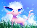  animal_focus blue_eyes blue_sky blush cloud colored_sclera day espeon falling_petals forehead_jewel forked_tail gem grass highres leg_up looking_to_the_side looking_up no_humans open_mouth outdoors petals pokemon pokemon_(creature) purple_sclera red_gemstone sky solo standing tail uoxvt 