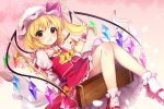  :d ascot blonde_hair cherry_blossoms commentary_request eyebrows_visible_through_hair flandre_scarlet hat mary_janes open_mouth petals pink_background red_eyes red_skirt ruhika shoes short_hair side_ponytail sitting skirt smile socks solo swing touhou wings yellow_neckwear 