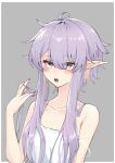  1girl alternate_costume bare_shoulders blush camisole hand_in_own_hair hand_up highres open_mouth pointy_ears purple_eyes purple_hair short_hair_with_long_locks solo strap_slip upper_body vocaloid voiceroid white_camisole yuzuki_yukari zooanime 