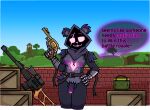 ammo_box ammunition anthro armor belt belt_buckle bodily_fluids breasts brick_wall claws clothing crate darli_buni dialogue digital_media_(artwork) dripping epic_games eyebrows fortnite fur gauntlets genital_fluids genitals gloves grass gun gynomorph hand_on_hip handgun handwear holding_gun holding_object holding_weapon hood intersex looking_at_viewer nature nature_background penis plant precum precum_drip purple_text_border raised_eyebrows ranged_weapon raven_team_leader revolver rifle sky sniper_rifle solo speech_bubble standing text tongue tongue_out translucent_speech_bubble tree trigger_discipline vss_vintorez wall_(structure) weapon