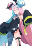  1girl animal_ears bare_shoulders blue_hair breasts commentary_request eyelashes fake_animal_ears feet_out_of_frame grin groin highres iono_(pokemon) kamidan lightning_bolt_print long_hair looking_at_viewer multicolored_hair pink_hair pokemon pokemon_sv purple_eyes rabbit_ears sharp_teeth simple_background single_leg_pantyhose skindentation sleeves_past_fingers sleeves_past_wrists small_breasts smile solo split-color_hair standing teeth thigh_strap two-tone_hair v-shaped_eyebrows very_long_hair very_long_sleeves white_background 