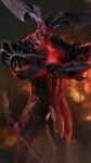 2023 3d_(artwork) abs balls blurred_background crossed_arms digital_media_(artwork) genitals glans hi_res humanoid_genitalia humanoid_penis male penis phukart red_body rhaast_(lol) solo spade_tail standing tail