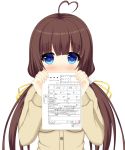  ahoge bangs blue_eyes blush brown_hair cardigan commentary covered_mouth eyebrows_visible_through_hair fingernails hair_between_eyes heart heart-shaped_pupils heart_ahoge highres hinatsuru_ai holding holding_paper long_hair long_sleeves looking_at_viewer low_twintails marriage_certificate_(object) paper ryuuou_no_oshigoto! simple_background solo symbol-shaped_pupils twintails upper_body urarara_(shlsz_22728) very_long_hair white_background 