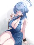  1girl absurdres ako_(blue_archive) ako_(dress)_(blue_archive) animal_collar black_hairband blue_archive blue_dress blue_eyes blue_hair blue_halo blush breasts collar covered_nipples cuffs dress earrings hair_between_eyes hairband halo handcuffs highres jewelry large_breasts long_hair looking_at_viewer noa_(skae3323) official_alternate_costume sideboob sleeveless sleeveless_dress solo sweat thighs 