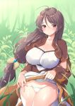  1girl ahoge ai_(hajimari_no_mahoutsukai) blush breasts brown_eyes brown_hair brown_jacket cleavage closed_mouth clothes_lift collarbone commentary_request gem hajimari_no_mahoutsukai holding holding_rope jacket jewelry leaf lifted_by_self long_hair looking_at_viewer medium_breasts mozuya_murasaki necklace outdoors panties rope shirt side-tie_panties sidelocks skirt skirt_lift solo thighs underwear very_long_hair white_panties white_shirt white_skirt 