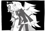  2girls angel angel_wings angry border bow bowtie charlie_morningstar clenched_hands clenched_teeth demon_girl dress emily_(hazbin_hotel) fangs freckles greyscale gupaon halo hazbin_hotel highres leaning_forward long_hair monochrome multiple_girls multiple_wings outside_border standing suit teeth third_eye_on_chest very_long_hair wings 