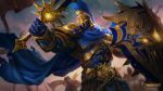  3boys absurdres ares_(mythology) ares_(smite) ares_(smite)_(mastery) armor blue_cape blue_gloves cape copyright_name gloves glowing glowing_eyes gold_armor greek_armor greek_helmet greek_mythology highres holding holding_shield holding_sword holding_weapon logo multiple_boys official_alternate_costume official_art shield smite solo_focus sword weapon yellow_eyes 
