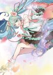  1girl absurdres blue_eyes blue_hair blush bobby_socks cape dress floating_hair flower hair_flower hair_ornament hatsune_miku high_heels highres holding long_hair long_sleeves looking_at_viewer magical_mirai_(vocaloid) magical_mirai_miku magical_mirai_miku_(2021) nagitofuu open_mouth rose smile socks solo very_long_hair vocaloid 