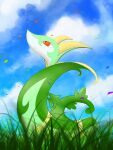  animal_focus blue_sky blurry blurry_foreground closed_mouth cloud day falling_petals from_side grass highres looking_up no_humans outdoors petals pokemon pokemon_(creature) profile red_eyes serperior sky slit_pupils snake solo uoxvt 