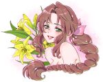  1girl aerith_gainsborough artist_name blush braid braided_ponytail breasts brown_hair cleavage cropped_torso dated final_fantasy final_fantasy_vii final_fantasy_vii_remake flower green_eyes hair_ribbon highres lily_(flower) long_hair looking_at_viewer medium_breasts nude parted_bangs parted_lips pink_lips pink_ribbon ribbon shikiwo sidelocks single_braid smile solo wavy_hair yellow_flower 