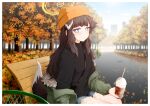  1girl animal_ears autumn bench between_breasts black_sweater blue_archive blue_eyes breasts closed_mouth cup day denim denim_shorts disposable_cup dog_ears dog_girl dog_tail fishnet_pantyhose fishnets fur-trimmed_jacket fur_trim green_jacket halo hariyaa hat hibiki_(blue_archive) highres holding jacket leaf long_hair long_sleeves looking_at_viewer nail_polish open_clothes open_jacket orange_headwear outdoors pantyhose purple_nails shorts sitting solo strap_between_breasts sweater tail tree 