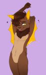&lt;3 absurd_res anthro arm_tuft arms_bent athletic bat belly_tuft brown_body brown_eyebrows brown_fur brown_hair brown_nose curled_fingers elbow_tuft eyebrows fur gradient_fur hair hands_behind_head hi_res hypohate leaf-nosed_bat male mammal microbat navel navel_tuft neck_tuft nipples one_eye_obstructed pink_body pink_tongue purple_background simple_background slim solo solo_focus tail tail_tuft tan_body tan_fur teeth tongue tongue_out tuft vampire_bat veri_tikkari_(stamperpandragon) wings yangochiropteran yellow_eyes yellow_inner_ear yellow_nipples yellow_wings