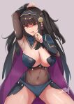  1girl alternate_costume armpits black_eyes black_hair blue_panties bodystocking breasts bridal_gauntlets cape cleavage covered_navel dark_mage_(fire_emblem_fates) fire_emblem fire_emblem_fates hairband highres hime_cut large_breasts long_hair looking_at_viewer panties rhajat_(fire_emblem) solo spread_legs sweat turtleneck twintails underwear zet_(twt_zet) 