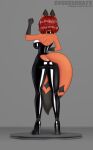 anthro big_breasts breasts butt canid canine clothing evgheshkafx female footwear fox fur fur_markings hair hi_res high_heels latex latex_clothing mammal markings neckwear raised_arm rear_view red_hair short_hair simple_background solo suzanne_(evgheshkafx) thick_thighs