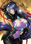  1girl armor black_armor black_bodysuit black_eyes black_eyeshadow black_horns bodysuit breasts cleavage cosplay curvy dark_persona eyeshadow fate/grand_order fate_(series) horns huge_breasts large_breasts long_hair low_ponytail makeup minamoto_no_raikou_(fate) naughty_face purple_bodysuit purple_hair rider_(fate/samurai_remnant) rider_(fate/samurai_remnant)_(cosplay) sheath unsheathing very_long_hair yukiyanagi 