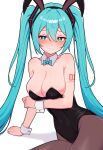  1girl absurdres animal_ears aqua_bow aqua_bowtie aqua_eyes aqua_hair arm_support arm_under_breasts bare_shoulders black_leotard black_pantyhose blush bow bowtie breasts cleavage closed_mouth commentary_request detached_collar embarrassed fake_animal_ears hair_ornament hatsune_miku highres kumada_gaon large_breasts leotard long_hair looking_at_viewer pantyhose playboy_bunny rabbit_ears simple_background sitting solo strapless strapless_leotard twintails very_long_hair vocaloid white_background white_wrist_cuffs wrist_cuffs yokozuwari 