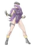  beret boots breasts camilla_(fire_emblem_if) cammy_white cammy_white_(cosplay) commentary cosplay covered_navel fighting_stance fingerless_gloves fire_emblem fire_emblem_if gloves hair_over_one_eye hat highleg large_breasts leotard long_hair looking_at_viewer namesake pun purple_eyes purple_hair purple_leotard sinncubi smile solo street_fighter thong_leotard tiara very_long_hair wavy_hair 