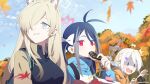  3girls ahoge animal_ears antenna_hair autumn autumn_leaves blonde_hair blue_archive blue_eyes blue_hair blue_halo blush braid breasts doughnut extra_ears food fubuki_(blue_archive) grey_hair grin hair_over_one_eye halo highres holding holding_food kanna_(blue_archive) kirino_(blue_archive) large_breasts leaf long_hair long_sleeves maple_leaf multiple_girls official_art open_mouth pink_halo red_eyes second-party_source sharp_teeth small_breasts smile supershiruco teeth twin_braids twintails 