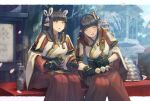  2girls bench black_hair blunt_bangs border cherry_blossoms closed_eyes cup dango food gloves hair_ornament hakama hinoa holding holding_food isono_wataru japanese_clothes long_hair minoto monster_hunter_(series) monster_hunter_rise multiple_girls on_bench open_mouth pants plate pointy_ears red_pants red_sash sash sidelocks sitting tassel tree wagashi white_border wide_sleeves yellow_eyes 