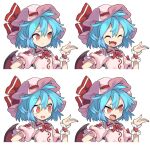  angry ascot bat_wings blue_hair brooch closed_eyes dress expression_chart hat hat_ribbon highres jewelry maid_headdress mob_cap morino_hon pink_dress pink_headwear puffy_short_sleeves puffy_sleeves red_ascot red_eyes remilia_scarlet ribbon scared short_hair short_sleeves siblings sisters smile touhou v-shaped_eyebrows wings worried wrist_cuffs 