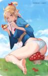  1girl ahoge barefoot blonde_hair blue_robe blue_sky closed_mouth cloud cloudy_sky day dungeon_meshi eating elf english_commentary food grass green_eyes highres holding holding_food holding_pizza liremi long_hair looking_at_viewer marcille_donato mushroom one_eye_closed outdoors panties pizza pointy_ears robe sky solo underwear very_long_hair white_panties 