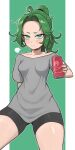  1girl absurdres alternate_costume alternate_hairstyle black_shorts blush breasts can collarbone cowboy_shot green_background grey_shirt highres holding holding_can mogglebear one-punch_man parted_bangs ponytail shiny_skin shirt short_sleeves shorts small_breasts solo sweat tatsumaki white_background 