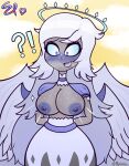 absurd_res angel anonymous_artist blue_eyes blush breasts clothing dress emily_(hazbin_hotel) female freckles grey_body grey_skin hair halo hazbin_hotel hi_res humanoid looking_at_viewer seraph_(angel) solo sparkles surprised_look torn_clothing white_hair wings