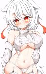  1girl alternate_costume animal_ears blush breasts closed_mouth commentary cowboy_shot garter_straps groin gyuta highres inubashiri_momiji large_breasts looking_at_viewer navel red_eyes short_hair simple_background solo sweatdrop touhou turtleneck underboob white_background white_hair wolf_ears wolf_girl 