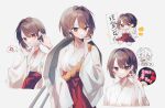  1girl anger_vein blush breasts brown_hair character_name chibi flying_sweatdrops hakama hand_fan hand_in_own_hair highres hyuuga_(kancolle) japanese_clothes kantai_collection kazeshio kimono long_sleeves multiple_views no_mouth parted_lips red_eyes red_hakama short_hair simple_background sparkle spoken_anger_vein sweatdrop turret white_kimono wide_sleeves 