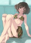  absurdres akiyama_yukari arm_support bangs bikini bikini_shorts blurry blurry_background blush breasts brown_eyes brown_hair camouflage camouflage_bikini camouflage_skirt closed_mouth commentary depth_of_field eyebrows_visible_through_hair girls_und_panzer green_bikini hand_on_own_knee head_tilt highres locker locker_room looking_at_viewer medium_breasts messy_hair saku_(saku1151) short_hair shorts sitting skirt smile solo swimsuit 