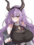  1girl :o absurdres arknights bare_shoulders black_hairband black_horns black_shirt blush breasts cleavage_cutout clothing_cutout collarbone fake_horns hair_between_eyes hairband highres horns huge_breasts jacket long_hair long_sleeves looking_at_viewer maiq06 open_clothes open_jacket open_mouth purple_hair red_eyes shirt sidelocks simple_background sleeveless sleeveless_shirt solo straight_hair teeth typhon_(arknights) upper_body white_background white_jacket 