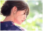  1girl blue_kimono blurry blurry_background border brown_eyes brown_hair earrings hair_bun half-closed_eyes japanese_clothes jewelry kimono kondo_koji_(kojikon) looking_down parted_lips pink_lips portrait real_life sawa_sumire short_hair signature single_hair_bun solo white_border 