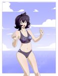  2016 bikini black_eyes black_hair breasts clothing cloud detailed_background female hair human human_only mammal materclaws navel open_mouth sea short_hair solo standing surprise swimsuit water 