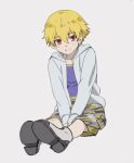  bangs between_legs blonde_hair child_gilgamesh closed_mouth commentary_request eyebrows_visible_through_hair fate/stay_night fate_(series) full_body grey_background grey_jacket hair_between_eyes hand_between_legs highres hood hooded_jacket jacket looking_at_viewer male_focus mi_(pic52pic) open_clothes open_jacket purple_shirt red_eyes shirt shoes shorts simple_background smile solo 
