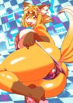  abstract_background amakuchi anthro big_breasts big_butt bikini breasts butt camel_toe canine clothed clothing eyebrows fangs female fox foxy-rena fur hair hairclip inner_ear_fluff kemono lying mammal nipple_bulge on_side open_mouth orange_fur orange_hair panties panty_pull pawpads red_eyes signature solo sweat sweatdrop swimsuit text thick_eyebrows thick_thighs underwear voluptuous white_fur 