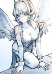  blue blush breasts cleavage closed_mouth commentary curled_horns dress eyebrows_visible_through_hair headpiece horns knee_up large_breasts long_sleeves looking_at_viewer lucrezia_(war_of_ashird) monochrome satchely short_hair smile solo spot_color war_of_ashird wings 