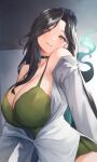  1girl absurdres algorhythm_project black_hair breasts dress english_commentary evalia_(algorhythm_project) green_dress green_eyes highres large_breasts multicolored_hair open_clothes open_shirt shirt smile solo umamii virtual_youtuber white_shirt 
