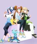  3girls :d absurdres bettie_(pokemon) black_dress blonde_hair blue_eyes blue_hair blue_shorts brown_hair dewott double_bun dress full_body green_eyes grey_eyes hair_bun hat highres holding holding_poke_ball leggings_under_shorts long_hair looking_at_viewer multiple_girls official_alternate_costume official_alternate_hairstyle open_mouth pantyhose pikachu poke_ball poke_ball_(basic) pokemon pokemon_(creature) pokemon_masters_ex purple_background rosa_(pokemon) serena_(pokemon) serena_(sygna_suit)_(pokemon) shirt shoes short_hair shorts single_hair_bun sitting smile twintails u4_99384295 v visor_cap w white_pantyhose white_shirt yellow_shorts zygarde zygarde_core 