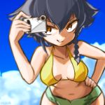  bangs bikini bikini_shorts black_hair blurry blurry_background blurry_foreground braid breasts brown_eyes camera cloud cloudy_sky commentary cowboy_shot day depth_of_field eisu_(eith) girls_und_panzer green_bikini_bottom grin hand_on_hip holding looking_at_viewer medium_breasts mismatched_bikini navel outdoors pepperoni_(girls_und_panzer) short_hair shorts side_braid sky smile solo standing swimsuit twitter_username v-shaped_eyebrows yellow_bikini_top 