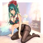  1girl black_pantyhose blurry blurry_background bow bra commission frilled_ribbon frills front_ponytail green_eyes green_hair hair_bow hair_ribbon highres kagiyama_hina looking_at_viewer mokokiyo_(asaddr) no_shoes on_bed pantyhose red_bow red_ribbon ribbon skeb_commission solo touhou underwear 