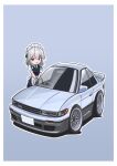  1girl 3books absurdres blue_background blue_dress car collared_shirt deformed dress grey_hair hair_between_eyes highres izayoi_sakuya looking_to_the_side maid maid_headdress medium_hair motor_vehicle nissan nissan_s13_silvia nissan_silvia open_mouth red_eyes shadow shirt smile solo spoiler_(automobile) touhou vehicle_focus white_shirt 