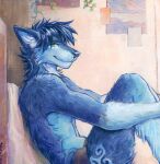 akatan_art anthro blue_body blue_fur blue_hair blue_nose canid cheek_tuft closed_smile clothed clothing facial_tuft fur glistening glistening_eyes green_eyes hair hi_res inside male mammal mouth_closed neck_tuft plant short_hair side_view smile solo topless tuft