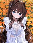  1girl blue_eyes breasts brown_hair choppy_bangs cleavage cropped_legs earrings elisia_valfelto flower_bed frilled_shirt frills headband jewelry long_hair looking_at_viewer luicent original shirt sidelocks skirt small_breasts wavy_hair white_headband white_shirt white_skirt 