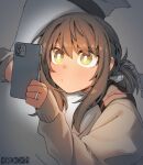  1girl 1other admiral_(kancolle) artist_logo artist_name blush brown_hair cellphone closed_mouth ergot fubuki_(kancolle) green_eyes hair_between_eyes holding holding_phone jewelry kantai_collection long_sleeves phone ring short_hair short_ponytail smartphone wedding_ring 