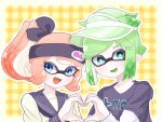  1boy 1girl aqua_eyes black_headband black_shirt blue_eyes border bright_pupils commentary eyelashes green_hair headband heart heart_hands highres inkling inkling_boy inkling_girl inkling_player_character open_mouth plaid plaid_background pointy_ears print_headband print_shirt red_hair shirt short_hair smile splatoon_(series) symbol-only_commentary tentacle_hair tonbofree upper_body visor_cap white_pupils yellow_background yellow_border 