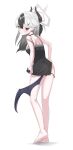 1girl absurdres ass barefoot black_dress black_hair black_horns black_wings blue_archive blush breasts closed_mouth demon_horns demon_wings dress full_body grey_hair grey_halo hair_between_eyes halo highres horns kayoko_(blue_archive) kayoko_(dress)_(blue_archive) long_hair mint_cat_(a_huu) multicolored_hair official_alternate_costume red_eyes simple_background single_wing small_breasts smile solo toes white_background wings 