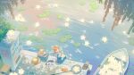  1girl absurdres artist_name blue_eyes blue_overalls boat cat fish highres jetty lake lily_pad long_hair looking_at_viewer low_twintails orange_hair original overalls scenery sitting star_(sky) twintails vending_machine watercraft wide_shot x.x.d.x.c 